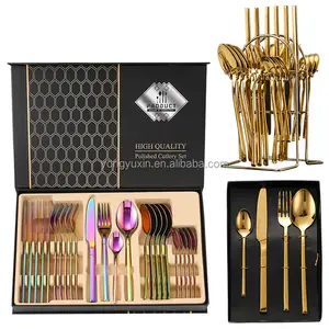 Gift Box Flatware Set 24Pcs Stainless Steel High Quality Gold Silver Color Travel Cutlery Set