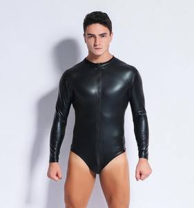 Mono de cuero para hombre Sexy negro con cremallera laca - Product Image 2