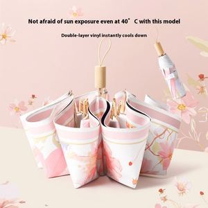 Parasol manuel classique pour femme, pliable en trois, 8 baleines, double couche, double motif floral, revêtement noir, protection solaire anti-UV, manche en bois, design créatif - Product Image 1