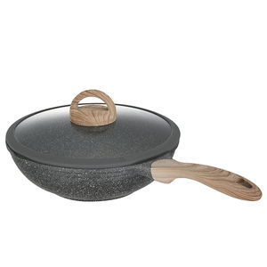 Wok à fond plat à induction JEETEE, revêtement antiadhésif, wok en aluminium, pierre marbrée, poignée en bakélite effet bois, OEM 1000 pièces - Product Image 2
