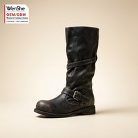 Bottes de moto mi-mollet décontractées pour femmes en similicuir vintage à faible MOQ, bout rond plat, avec boucle, pour automne-hiver, ODM