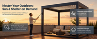 Pergola moderne en aluminium à grain de bois, pergola extérieure motorisée à lames orientables avec contrôle par application, éclairage RGB et capteur de pluie automatique