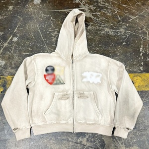 Sudadera con capucha Streetwear de 500 g/m² de alto gramaje, estilo vintage con lavado ácido, desgastada, de corte holgado y corto, con parche bordado y cremallera - Product Image 2