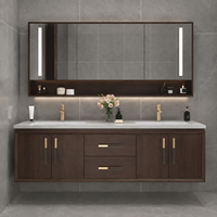 Meuble-lavabo double vasque moderne en bois foncé avec armoire miroir LED, suspendu au mur, pour projets hôteliers et d'appartements