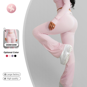 Custom Foldover Waist Yoga Pants Set Long Sleeve Cropped Top <strong>Flared</strong> <strong>Leggings</strong> Two Piece Gym Workout Wear for <strong>Women</strong> - Product Image 5