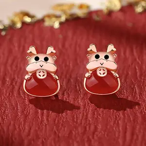 Fashion Red Zodiac Animal Of The Dragon Ear Stud Silver Small And Lovely Adorable Dragon Earring For Women Girls Jewelry