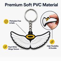 Porte-clés personnalisé en PVC souple 2D avec ailes d'ange en caoutchouc plat, cadeau religieux et spirituel