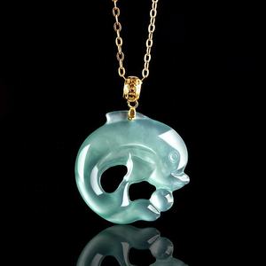 จี้หยกเจไดต์สีน้ำเงินรูปโลมา ประดับทอง 18K เครื่องประดับผู้หญิง ดีไซน์ดั้งเดิม พร้อมใบรับรอง D356 - Product Image 1