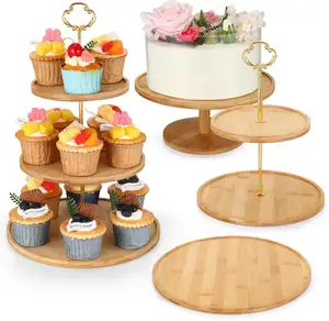 木制蛋糕架甜点桌展示盘分层纸杯蛋糕架，带餐饮服务圆形托盘