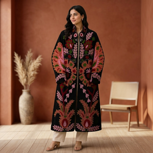 <b>Women</b> Hand Embroidered Suzani Velvet <b>Coat</b> <b>Black</b> Floral Paisley Motif Long Duster Jacket Open Front Kimono Robe Boho <b>Winter</b> - Product Image 5