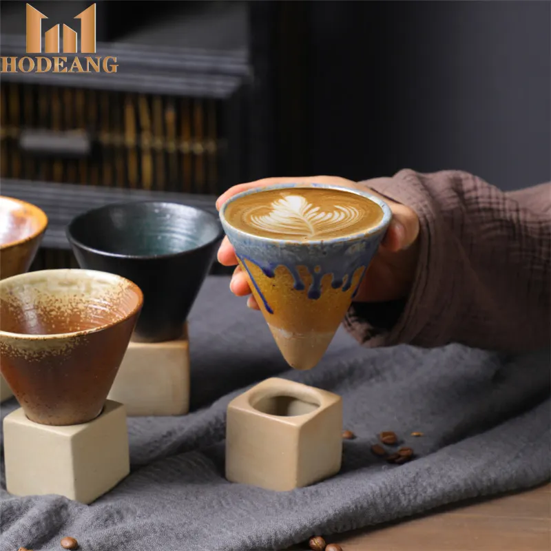 200ml Rough Pottery Retro cone shape Espresso mug Creative Handmade Kiln Change Ceramic Tea Cup with Base Stoneware