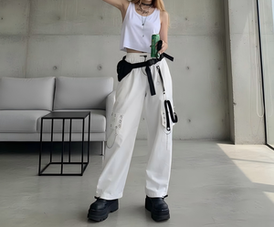 <span class=keywords><strong>Pantaloni</strong></span> Punk Street Crock da Donna, Vestibilità Ampia, Stile Hip-Hop Harajuku, <span class=keywords><strong>Neri</strong></span>, a Gamba Larga, con Coulisse, Lunghi, Stile Spice Girls, Gotico Vintage, Vita Alta - Product Image 2