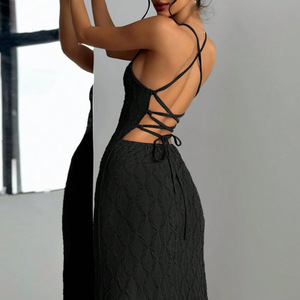Vestido Largo Sexy de Punto Y3267, Vestido Largo Negro con <span class=keywords><strong>Tirantes</strong></span> y <span class=keywords><strong>Espalda</strong></span> Descubierta - Product Image 4