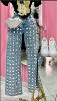 Jean ample à sequins pour femme, taille mi-haute, coupe boyfriend, décontracté d'été, délavage moyen, jambe large, styles variés (référence uniquement)