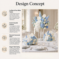 Centre de table réaliste en fleurs de soie bleues, haute simulation, aspect préfabriqué, fait main, réutilisable pour mariages et événements