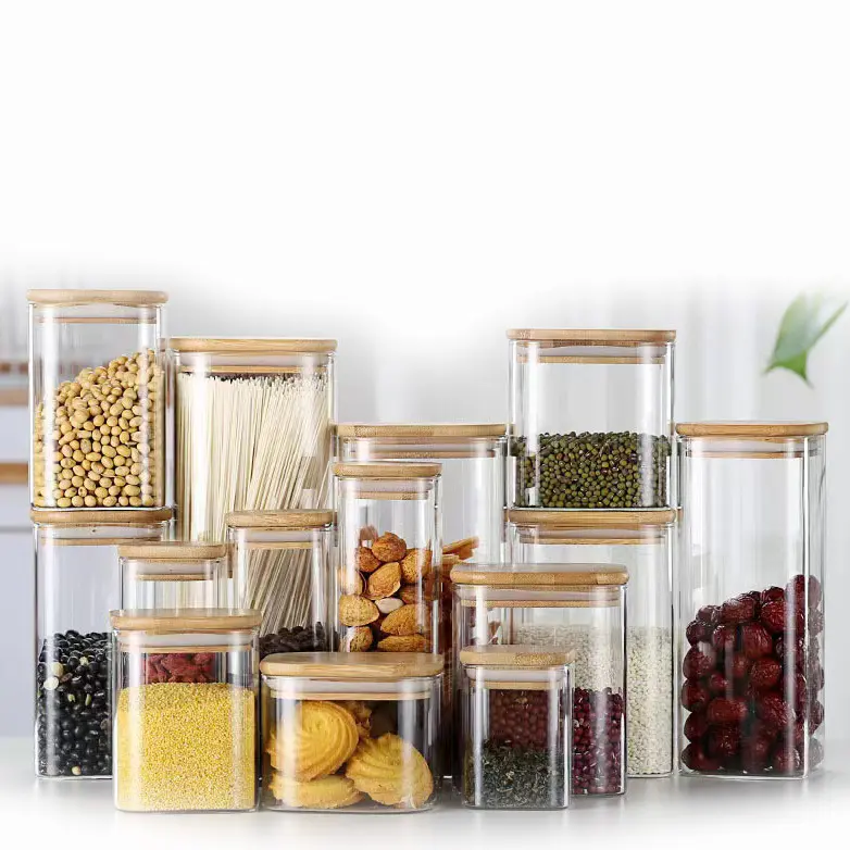 Custom Square Borosilicate Glass Storage Jar Kitchen Candy Food Seasoning Storage Jar With Sealed Bamboo Cover