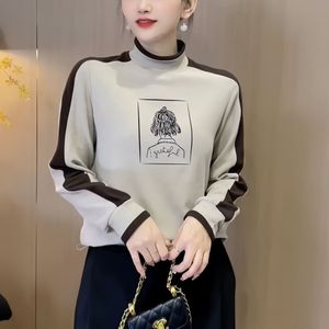 Women's Color-Blocked Turtleneck Long Sleeve Top With Printing Soft Knit Casual Loose Fit Autumn Winter Base Layer - Product Image 1