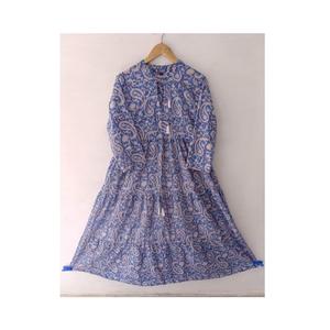 Alta calidad 100% algodón bloque Floral impreso mujer cuello en V manga larga encaje hasta la rodilla Casual fiesta desgaste estilo indio Natural - Product Image 1