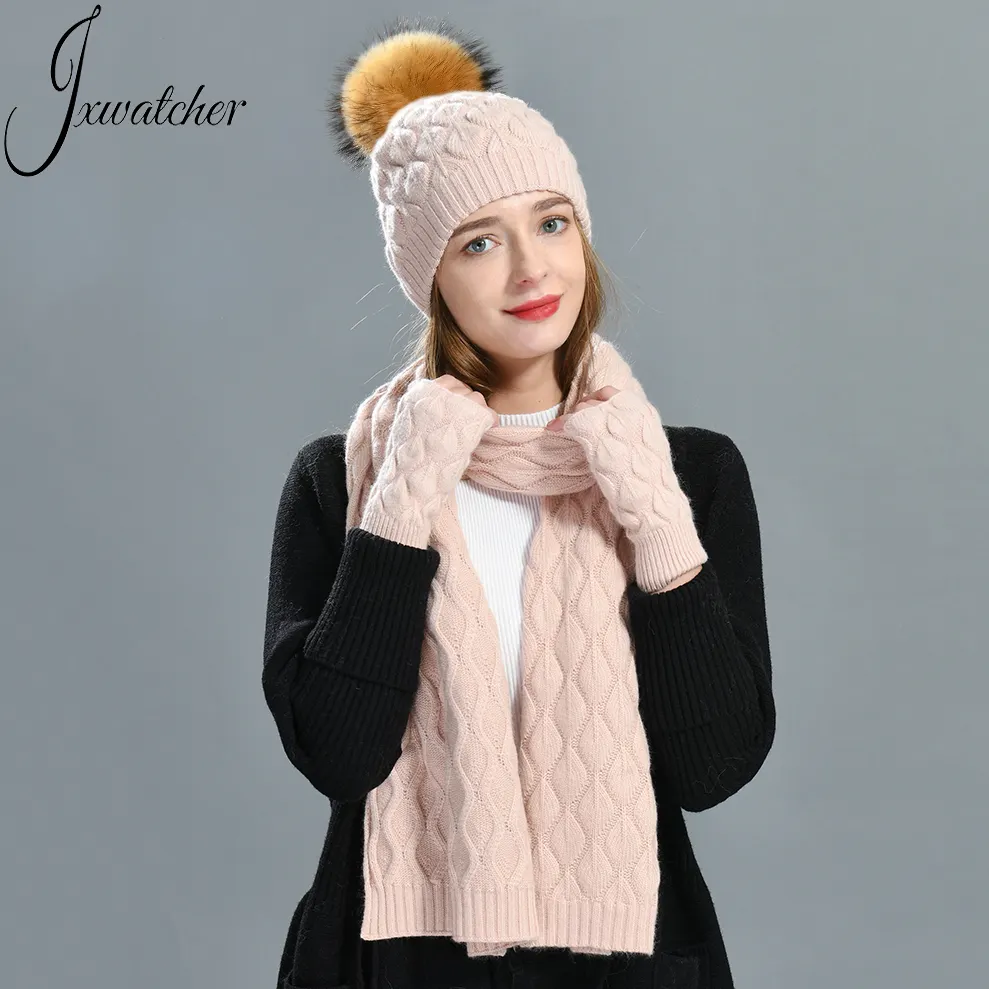 Зимние шерстяные вязаные облегающие шапки стрейч перчатки с пальцами толстые лыжные уличные унисекс оптовая продажа женский шарф шапка и перчатки наборы