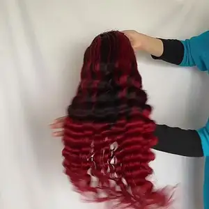 Professional Design Wigs With Burgundy Color Glueless Transparent Lace Front Wig Deep Wave With Bangs