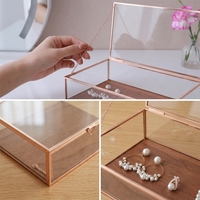 Boîte à bijoux en verre transparent en gros avec cadre en métal or rose, couvercle à charnière et base en bois pour le rangement et la présentation de bijoux