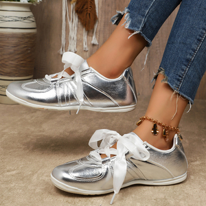 Bairuilun – Baskets plates de luxe pour <span class=keywords><strong>femme</strong></span> avec rubans dorés, chaussures décontractées roses en satin pour la marche - Product Image 2