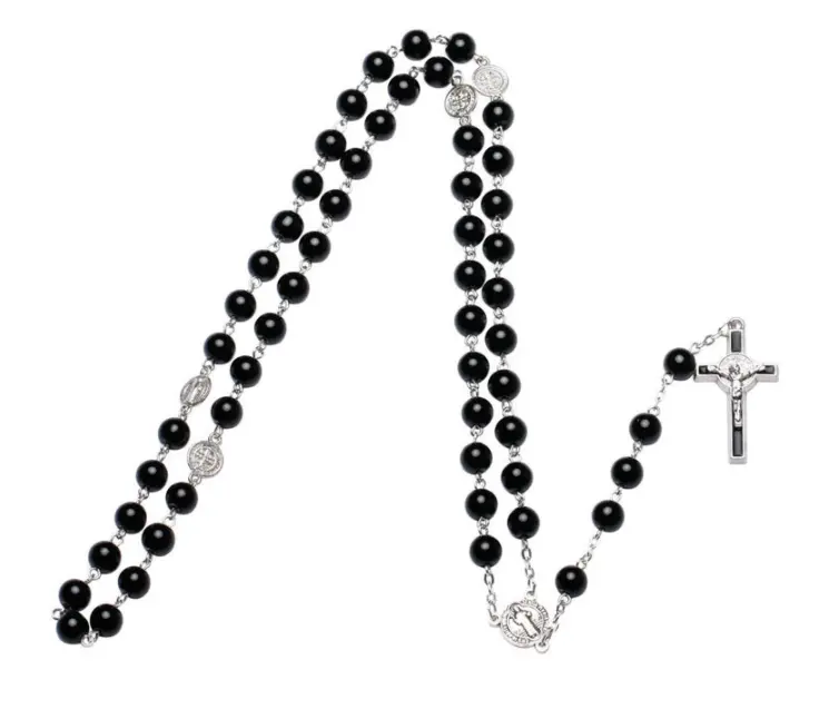 Kalung Rosario 8Mm Kaca Hitam Mutiara Salib Yesus Maria Kalung untuk Doa 2022