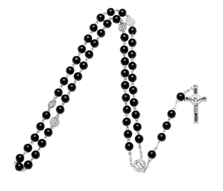 2022 Hot Verkoop Rozenkrans 8Mm Zwart Glas Parel Jesus Cross Christus Maria Ketting Voor Bidden