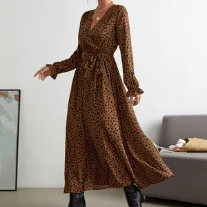 2022 2021 HSD Supplier ladies fashion Print Overlap Collar Flounce Sleeve Belted women casual dresses