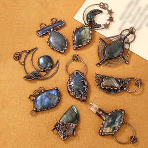 Joyería soldada Piedra preciosa natural Labradorita Forma libre Lágrima Colgante Cuerda <span class=keywords><strong>de</strong></span> cuero Collar Antiguo Chapado en cobre - Product Image 2