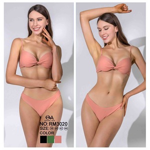 HDJ Women <b>Bikini</b> Set Solid Color Bandeau Top <b>Thong</b> Bottom Tummy Control <b>Plus</b> <b>Size</b> Swimwear RM3020 - Product Image 3
