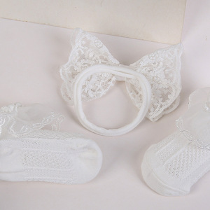 2 pezzi bianco con occhiello a fiore in pizzo battesimale calze bianche con frange <span class=keywords><strong>Set</strong></span> regalo fascia per la testa con fascia alta elasticizzata - Product Image 6