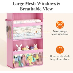 Organisateur suspendu au-dessus de la porte pour bébé, 5 niveaux, étagères de rangement roses pour la chambre d'enfant avec poches en filet pour jouets et articles essentiels - Product Image 4