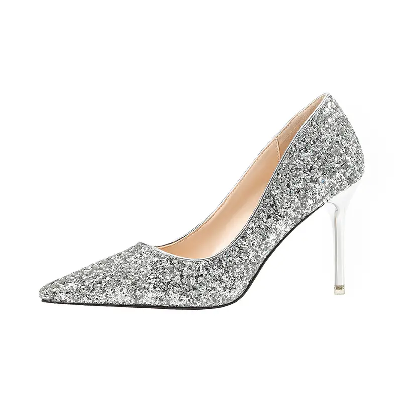 European and American sexy pointed high heels sequined single shoes stiletto wedding shoes evening dress women's shoes