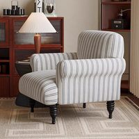 Fauteuil d'appoint à dossier haut en tissu de lin rayé, style vintage français du milieu du siècle, pour la maison