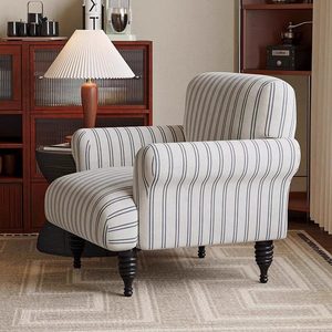 Sillón <span class=keywords><strong>de</strong></span> Estilo Francés Vintage <span class=keywords><strong>de</strong></span> Mediados <span class=keywords><strong>de</strong></span> Siglo, con Patas Altas y Respaldo <span class=keywords><strong>de</strong></span> Alas, Tapizado en Lino a <span class=keywords><strong>Rayas</strong></span>, para Sala <span class=keywords><strong>de</strong></span> Estar - Product Image 1