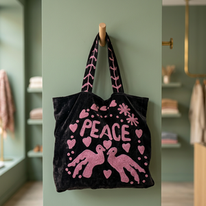 กระเป๋าโท้ทกำมะหยี่สีดำสั่งทำขายส่ง พร้อมลายปักอักษร PEACE สีชมพู รูปหัวนกพิราบ หัวใจ และลายดอกไม้สุดเก๋ - Product Image 5
