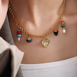 Collar con colgante de corazón esmaltado y perlas de piedra natural, estilo INS, versátil, a la moda, accesorios de joyería para mujer - Product Image 4