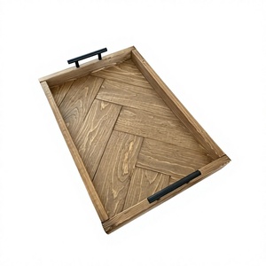 Grand plateau en bois avec poignées en métal Plateaux écologiques de finition naturelle Plateau de service personnalisé léger facile portable - Product Image 1