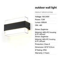 Lampe murale extérieure LED moderne PW2005 7,5W IP65, étanche, 80 Lm/w, corps en PC, double tête, forme carrée, garantie 3 ans pour le jardin