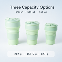 Gobelet de voyage pliable en silicone avec couvercle, options 650 ml, 500 ml et 350 ml, design compact pliable