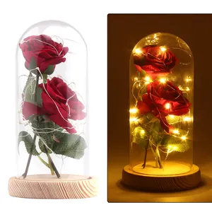 新しいデザインの美しさと獣2PCS人工シルクローズ保存された永遠のバラとガラスドームのLEDライト
