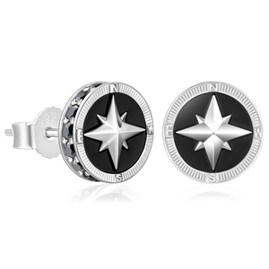 Black Enamel Compass Star Coin Earrings 925 <b>Silver</b> <b>Stud</b> Ear Jewelry for Gift and Travel Theme Iced Out Hiphop Earrings - Product Image 1