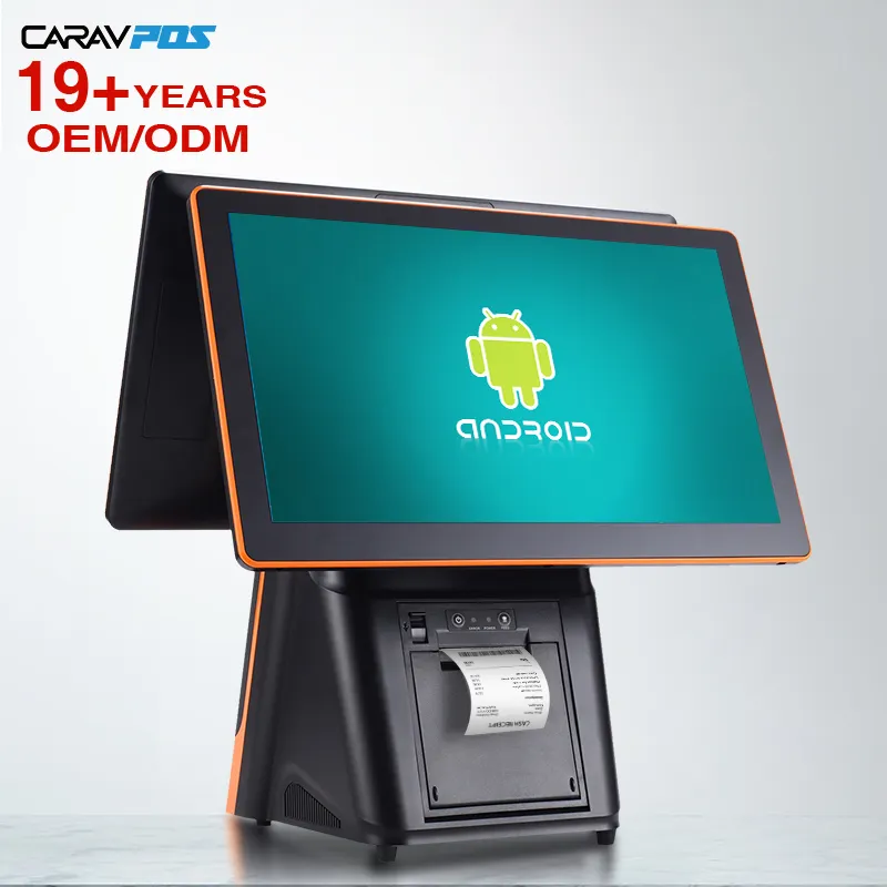 15.6 "จอสัมผัสคู่ All in One Android เครื่องบันทึกเงินสด POS Terminal ระบบเครื่องพิมพ์ 80 มม.สําหรับขายปลีก