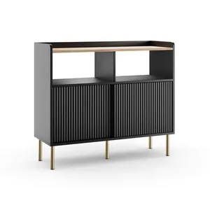 Commode à 6 tiroirs en bois à rainures modernes pour salon, <span class=keywords><strong>buffet</strong></span> de rangement <span class=keywords><strong>blanc</strong></span> avec étagère ouverte - Product Image 5