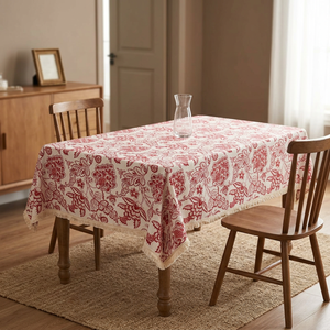 Mantel Vintage con Estampado Floral y Borde de Flecos, Color Rojo Crema, para Decoración de Mesa en el Hogar, Fiestas y Cenas - Product Image 2