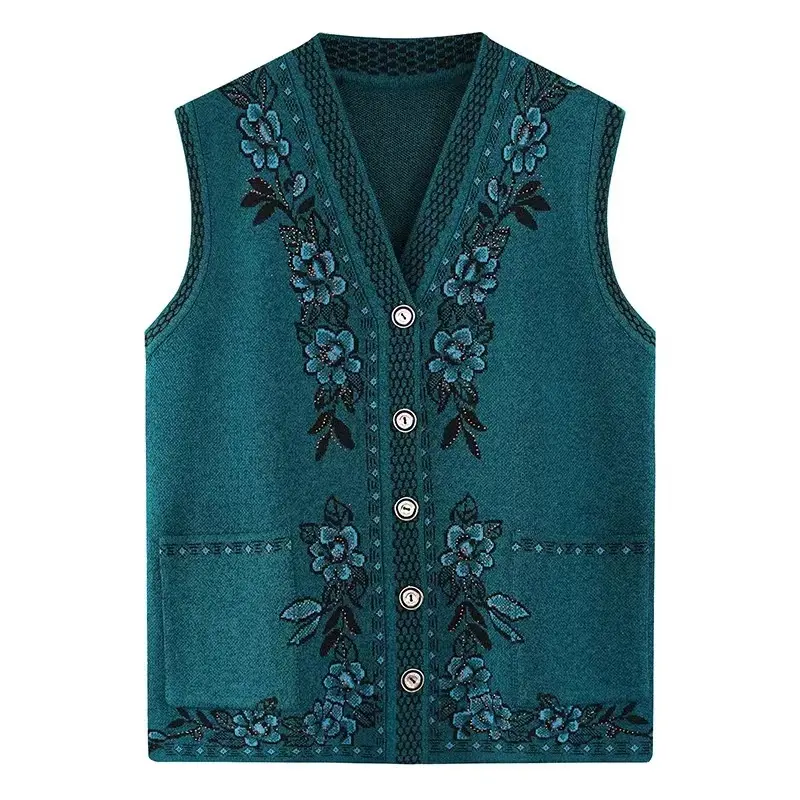 Huachaoカスタム因果中年女性ニットセーターカシミア刺繍ベストカーディガンボタンセーター用セーター