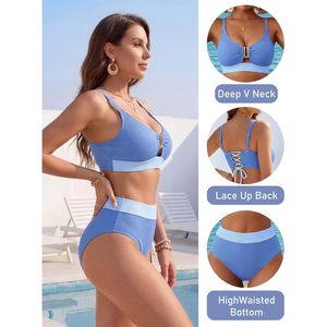 Conjunto de bikini de cintura alta para mujer, traje de baño de dos piezas acanalado con cuello en V y espalda con cordones, verano 2026 - Product Image 4
