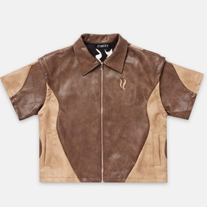 Custom High Quality Distressed Applique Embroidery Short Sleeve t <b>Shirts</b> for Men Pu Leather Zip up Jacket t <b>Shirt</b> - Product Image 4