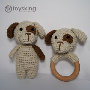 100% hecho a mano Amigurumi lindo cachorro <span class=keywords><strong>perro</strong></span> ganchillo juguete suave sonajero de <span class=keywords><strong>madera</strong></span> <span class=keywords><strong>mordedor</strong></span> infantil - Product Image 6